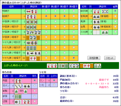 クリックするとイメージを拡大表示します 麻雀符計算機の計算例